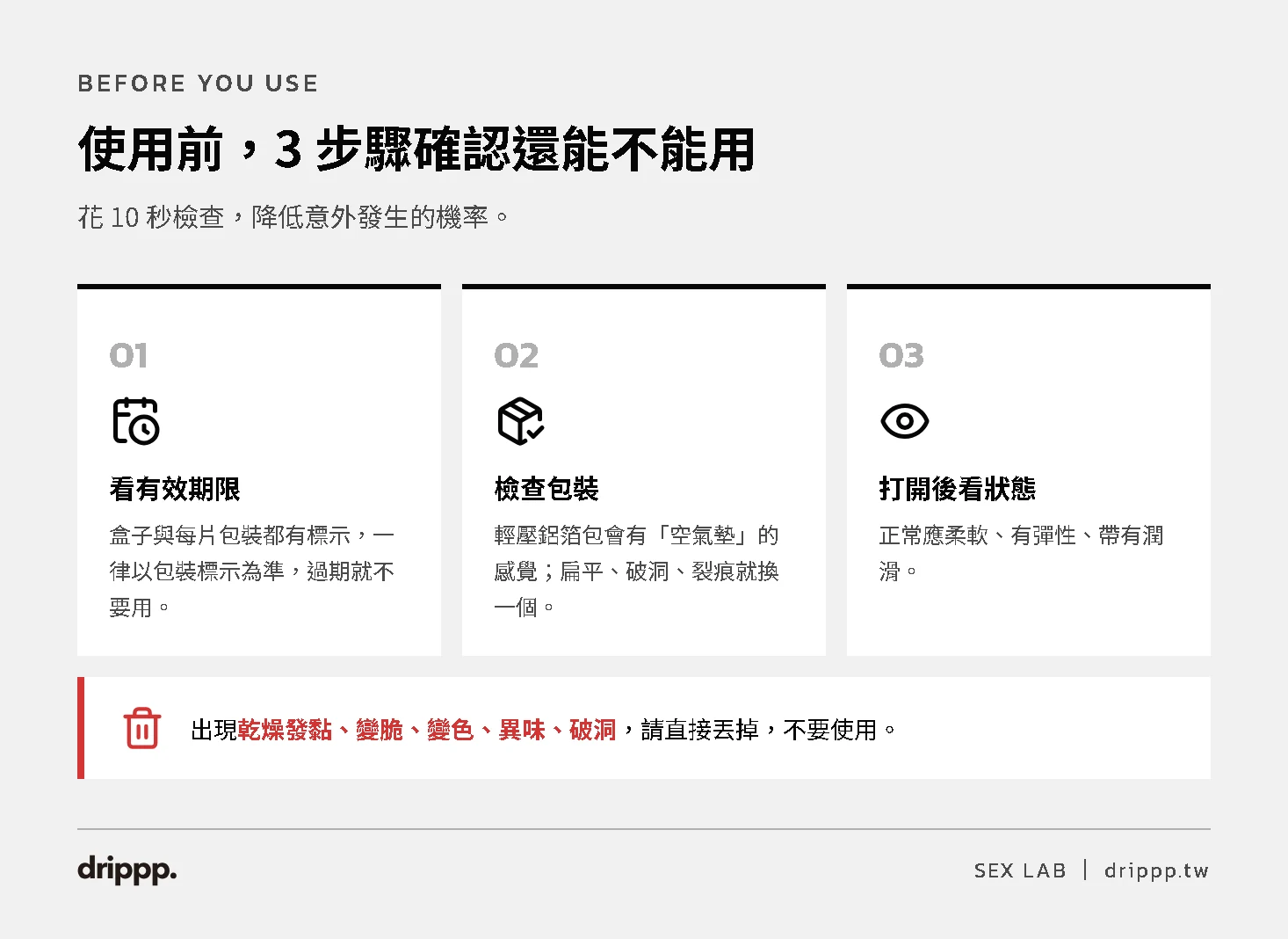 使用保險套前的 3 個檢查步驟：看有效期限、檢查包裝、打開後看狀態